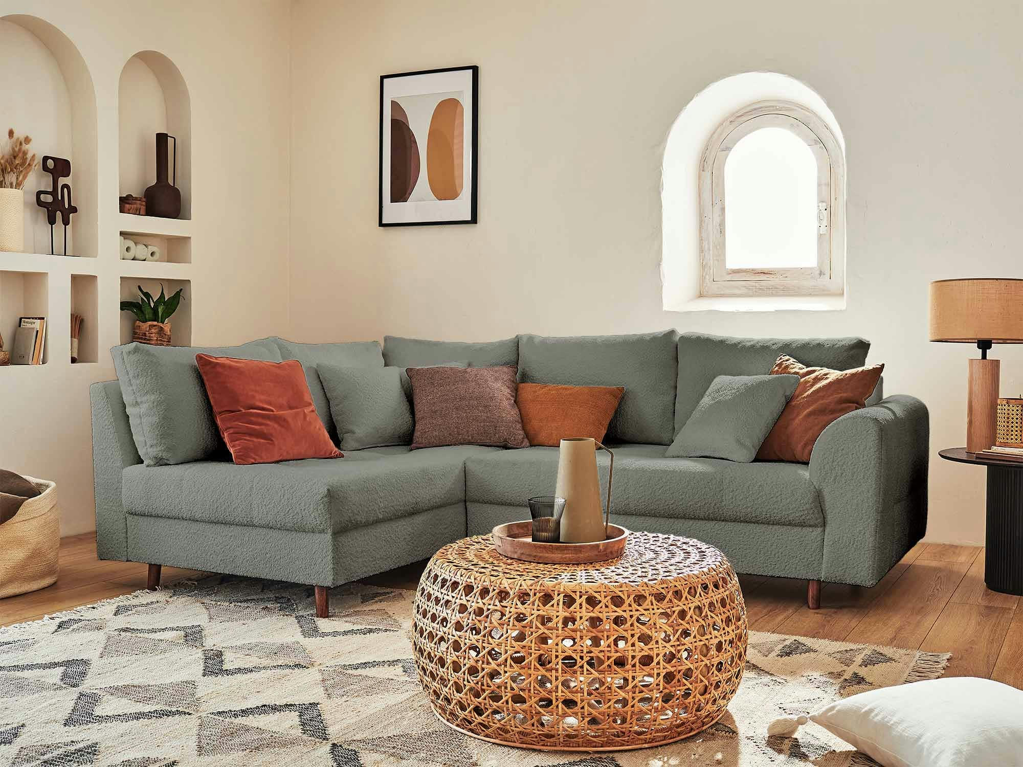 RUNE - Canapé d'angle gauche 4 places en tissu bouclette gris