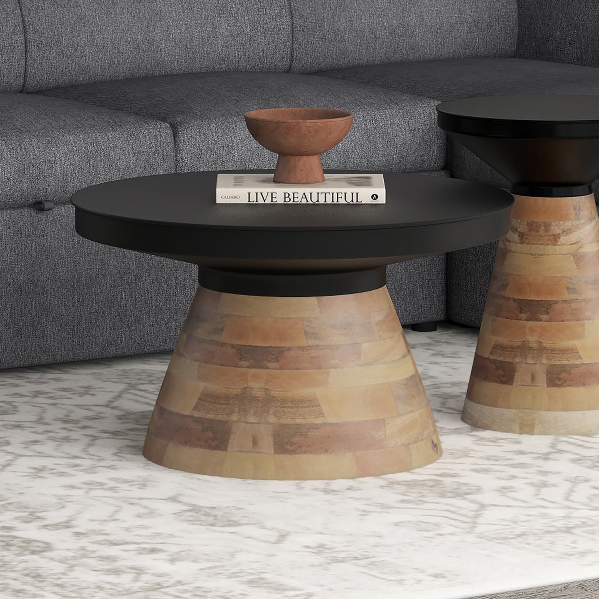 Modern Metal & Solid Wood Round Coffee Table - Black & Walnut