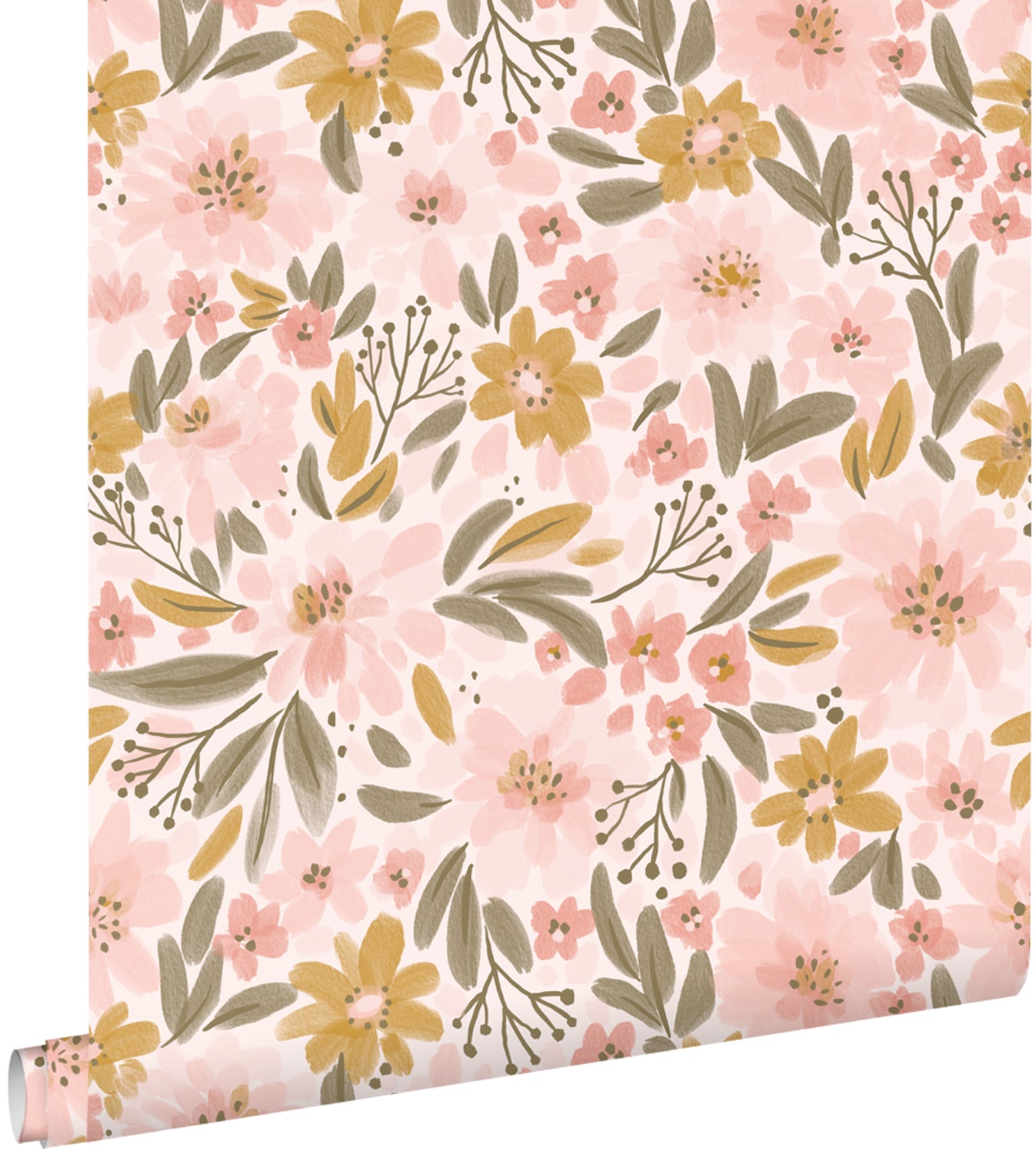 ESTAhome behang bloemen licht roze, okergeel en vergrijsd groen - 50 x 900 cm - 130923