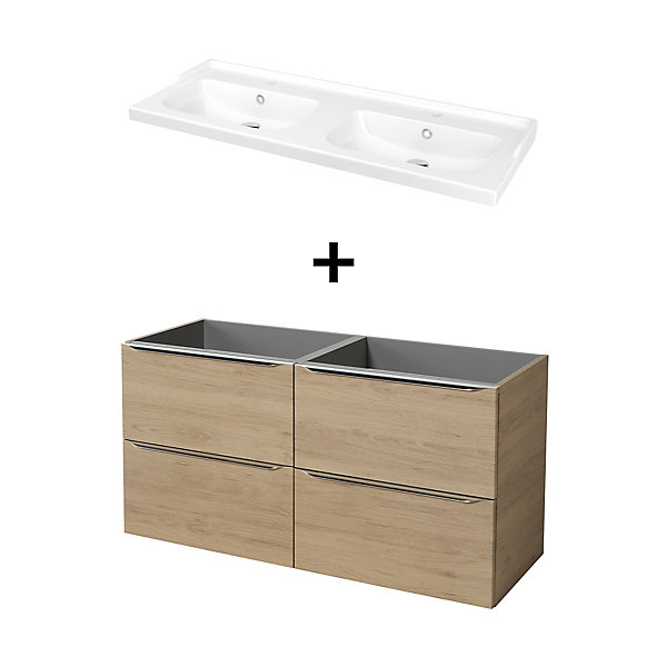 Meuble vasque suspendu effet chêne l.120 cm Imandra   plan double vasque blanc céramique Lana, GoodHome