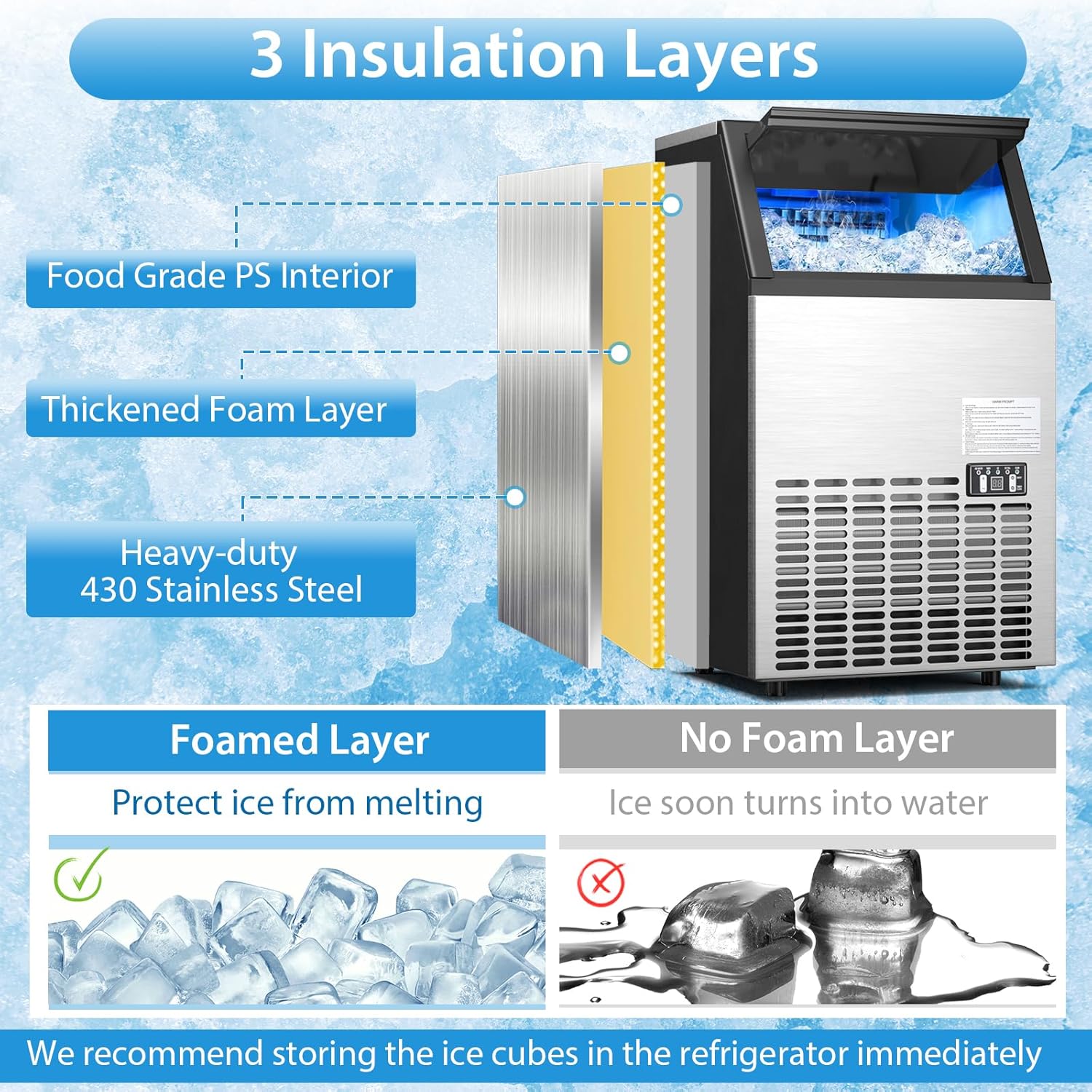 COSTWAY Commercial Ice Maker Machine, 110LBS/24H Stainless Steel Under Counter/Freestanding Self Cleaning Ice Machine w/ 33LBS Ice Storage Capacity & 24H Timer for Home Bar Restaurant Office