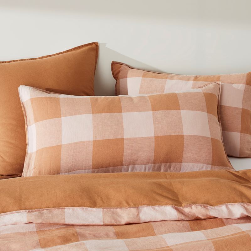 Vintage Washed Linen Large Caramel & Pink Check Pillowcases