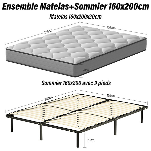 Ensemble Matelas à ressorts  Sommier à Lattes sur Pieds, 160x200cm, Epaisseur du Matelas 20cm