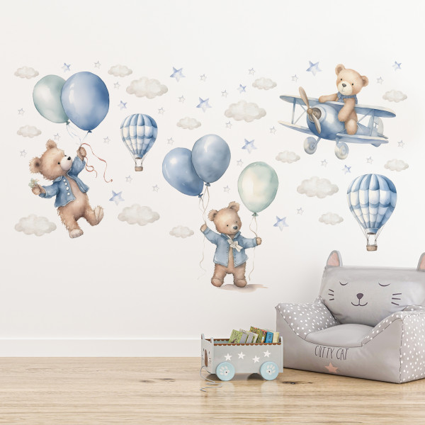 Naklejki Na Ścianę Akwarelowe Misie i Balony ZESTAW