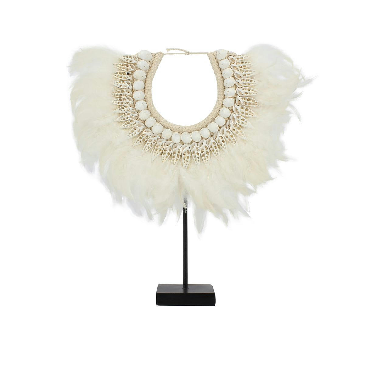 PAPUA - Collier beige et blanc en plumes et coquillages H44cm