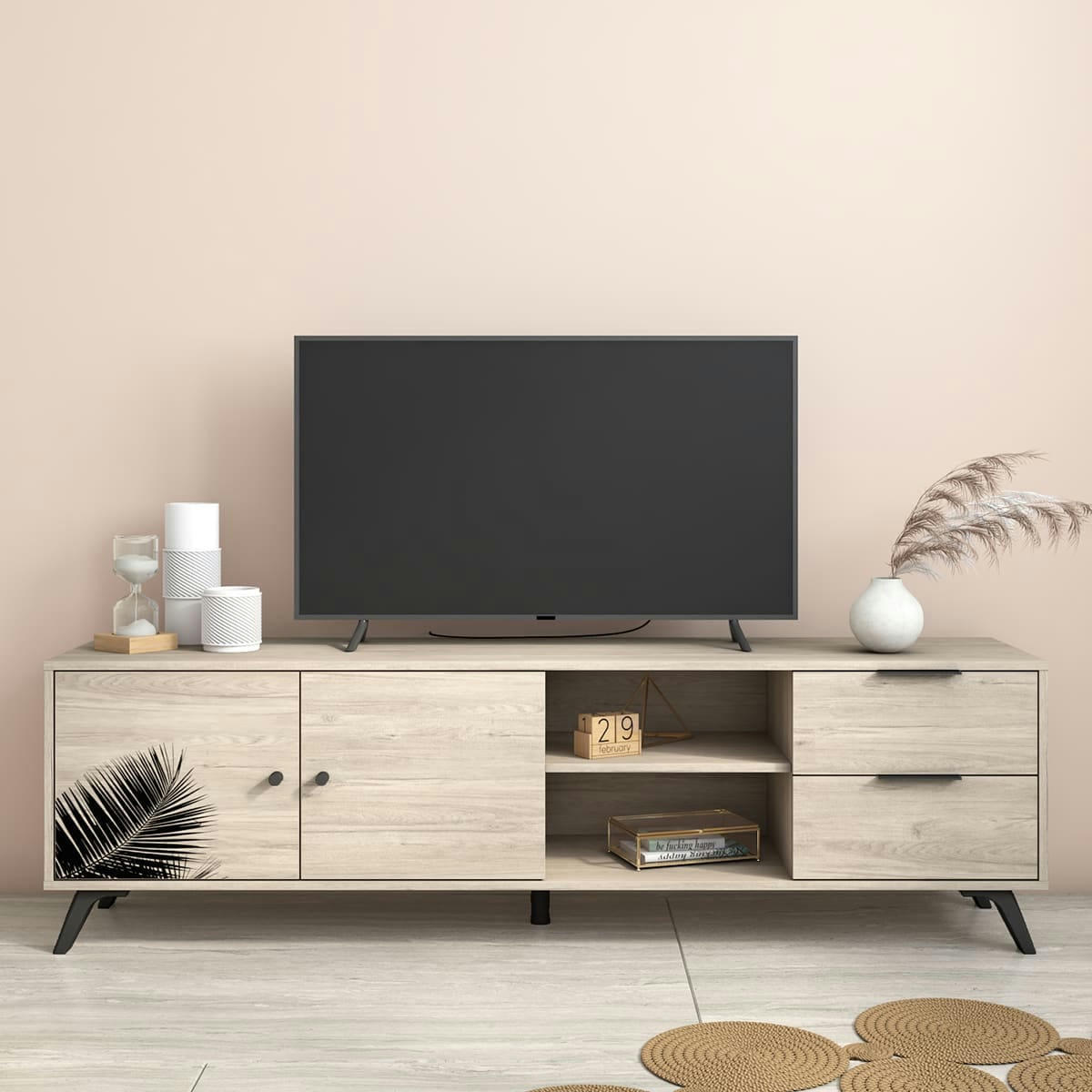 NEWARK - Meuble TV 2 portes 2 tiroirs effet bois et motif feuille 180 cm