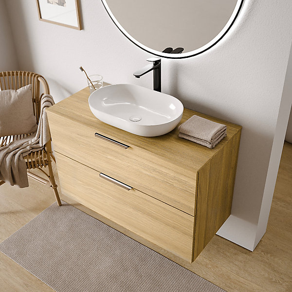 Meuble sous vasque suspendu MDF Chêne gris 100x46x62cm, Plan lavabo Blanc mat   2 tiroirs poignée Chrome - TIM100