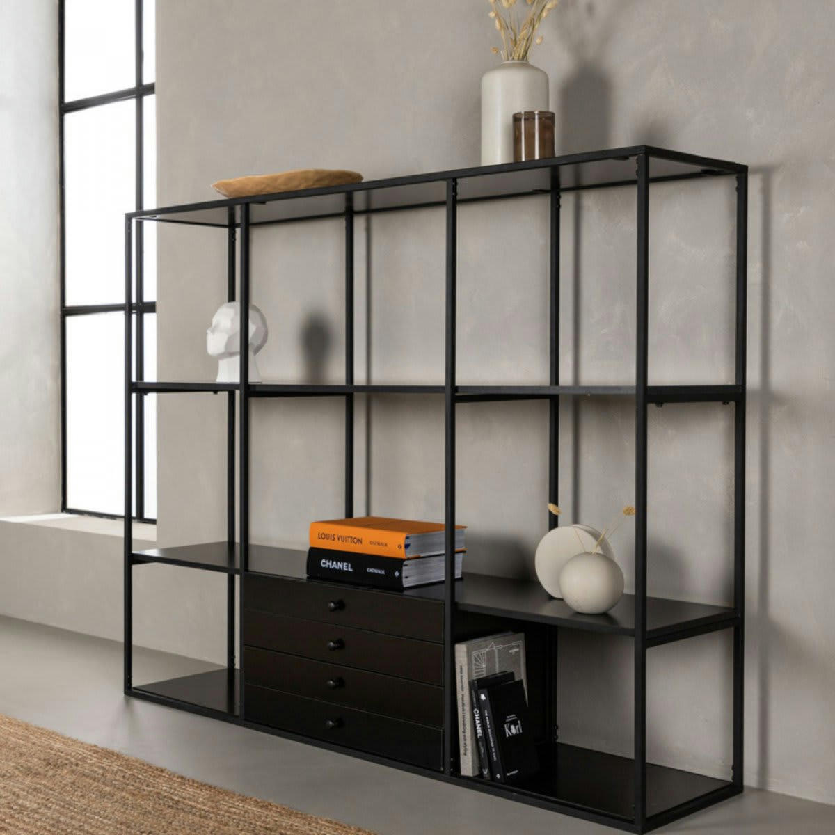 LAMRA - Étagère scandinave en bois et métal noir