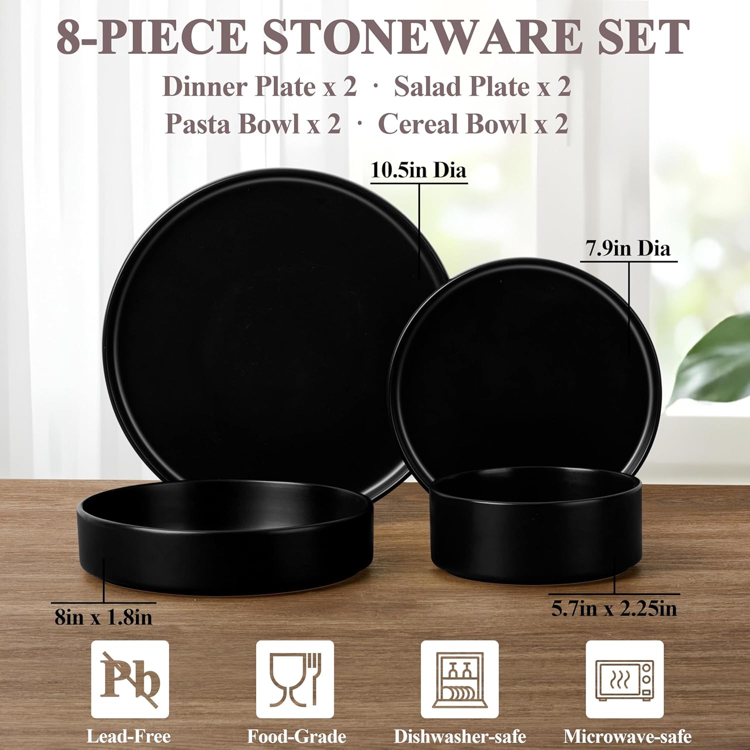 Herogo Dinnerware Sets with Pasta Bowls for 2, 8 Piece Dinner Salad Plates and Cereal Bowls, Stoneware Serving Dishes Dinner Ware for Home Kitchen, Dishwasher & Microwave Safe Dishware, Matte Black