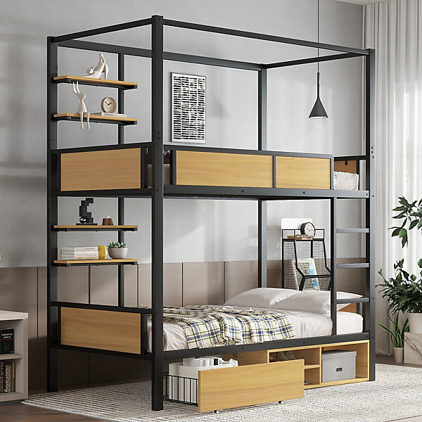 Lit superposé 90x200 cm - Lit avec échelle large et rangements latéraux - Métal   MDF - Sans matelas - Noir