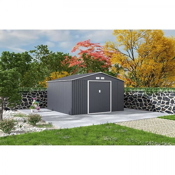 Abri de jardin en métal 10,85 m² - 340 x 319 x 210 cm - JUPITER - Kit d'ancrage inclus, 2 portes coulissantes - Gris