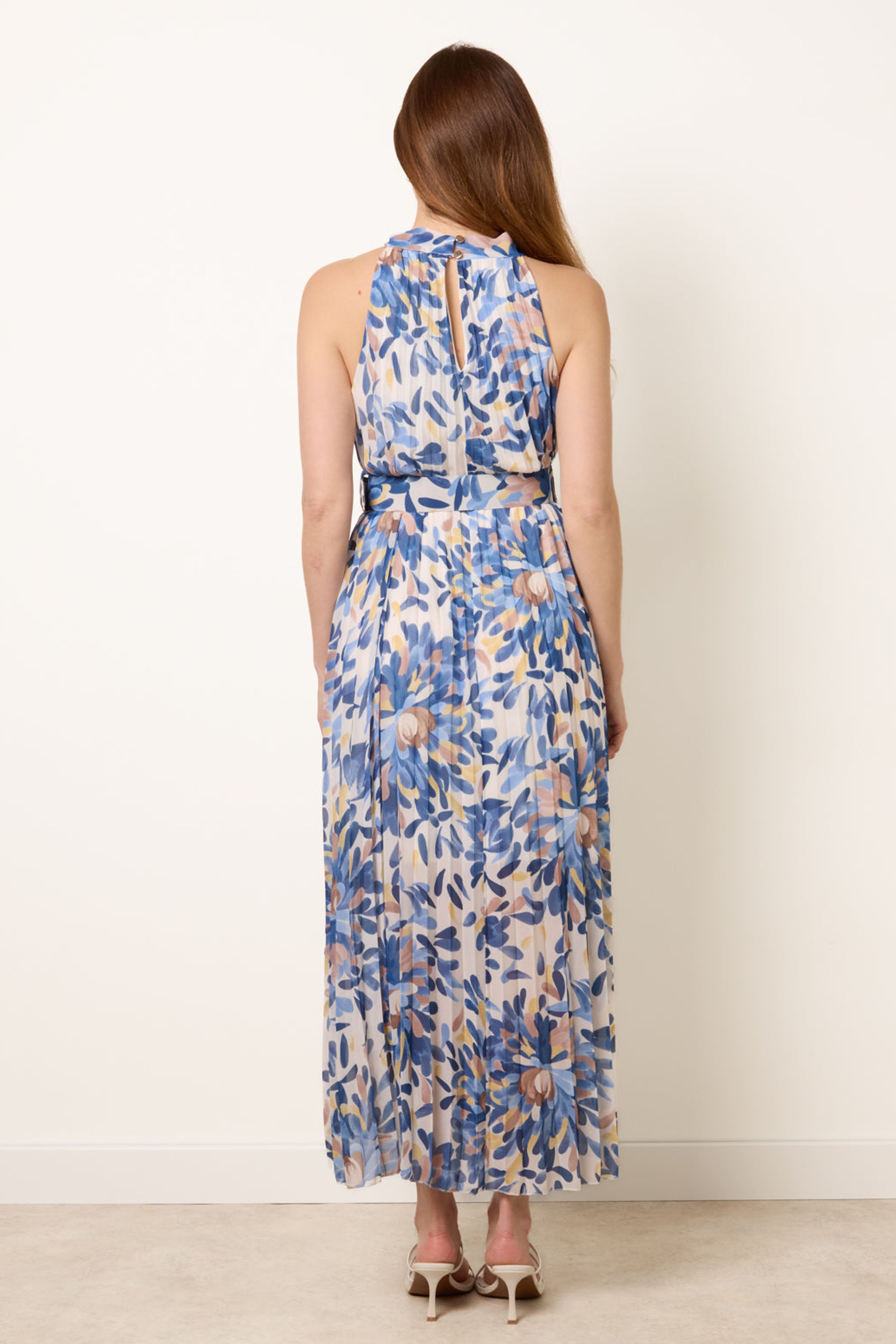Blue Vanilla Navy Printed Pleated Dress With Belt