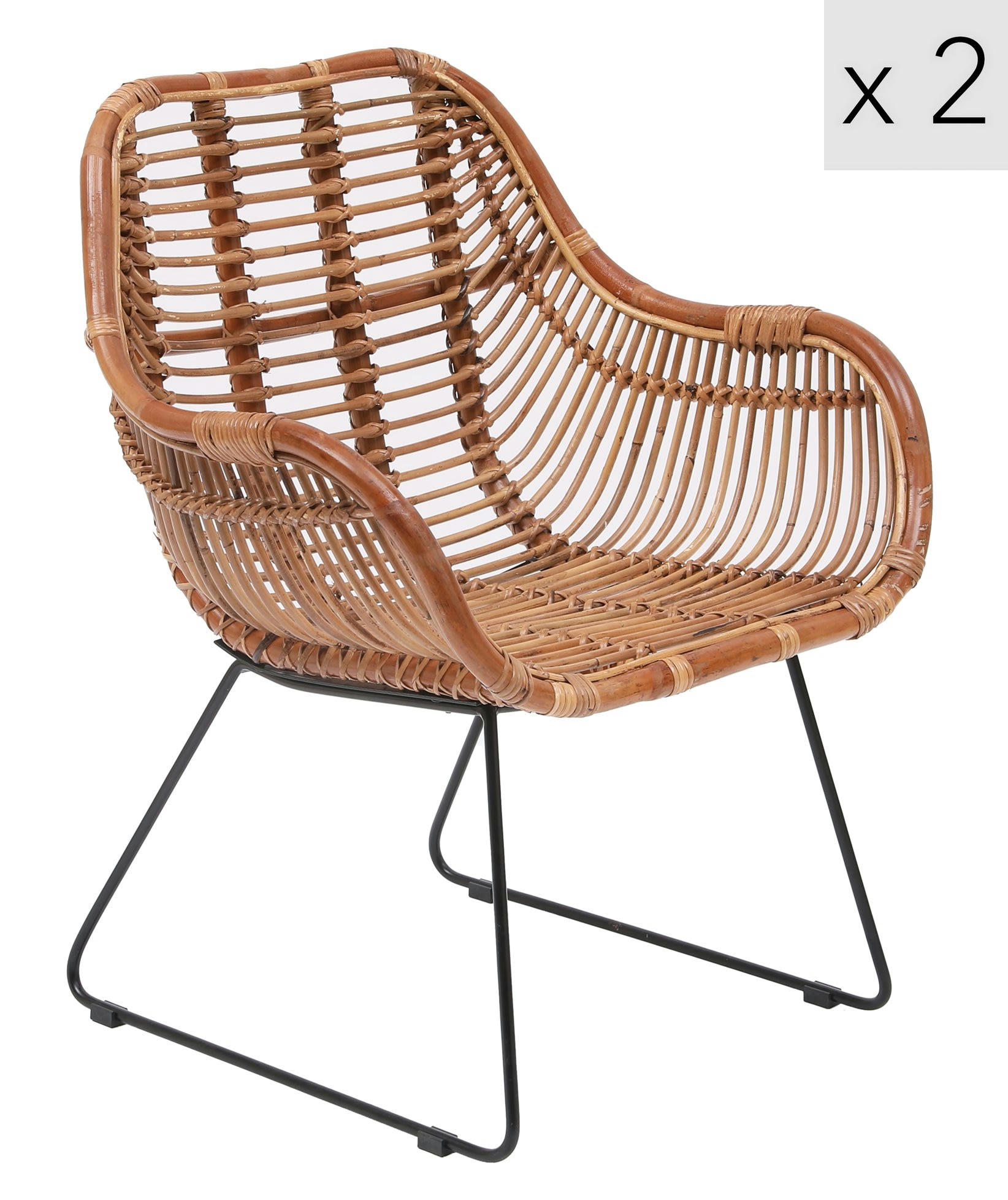 - Lot de 2 chaises en métal et rotin naturel