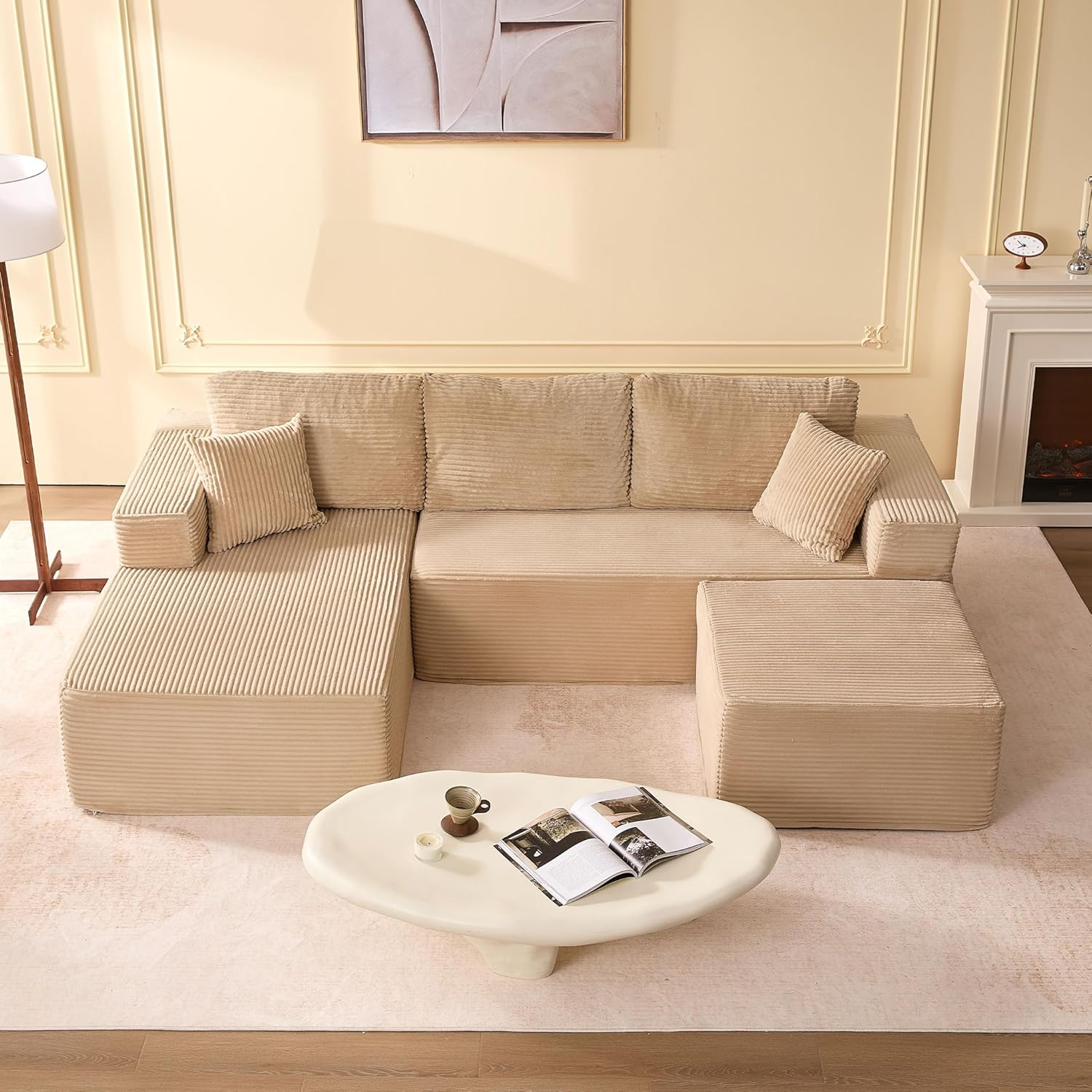 107 Boneless Couch with Deep Seat, Set of Modular Sectional Sofa, Cloud Sectional Couch for Living Room, No Assembly Required, Corduroy, U-Shape 3 Seater Left, Camel