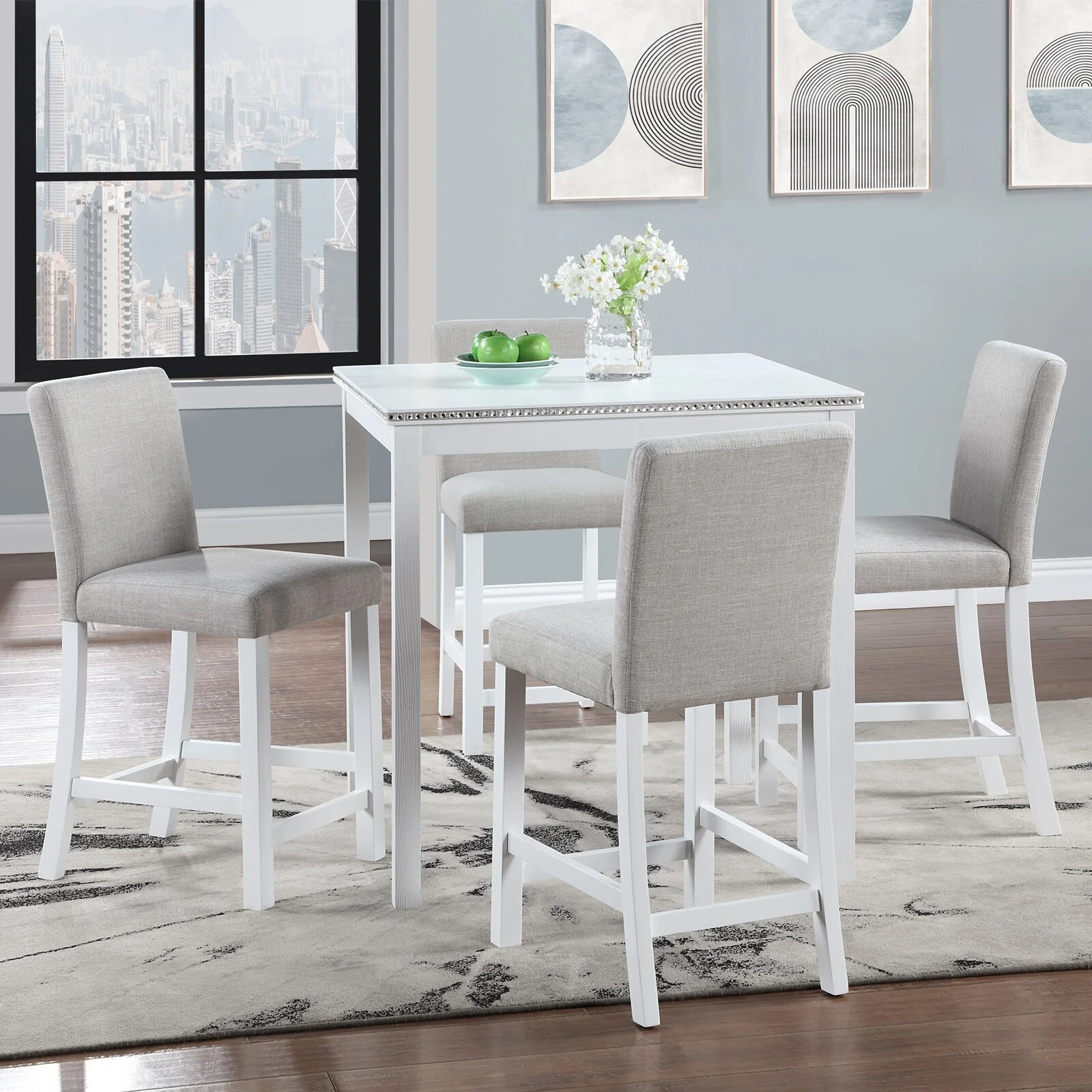 Dining Table Set for 4, 5 Piece Wooden Kitchen Table Set with 4 Upholstered Chairs and Crystal Decoration for Living Room
