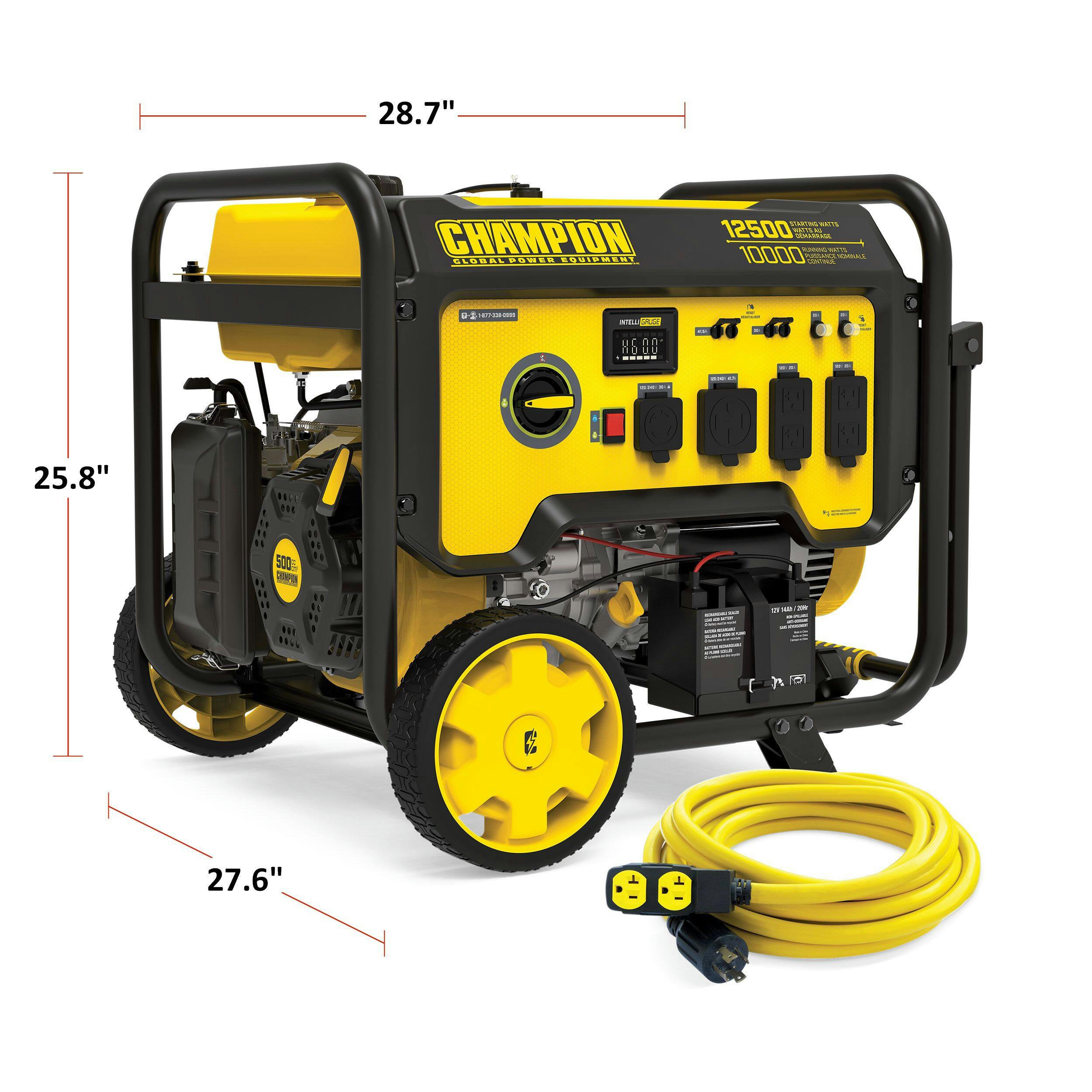 Champion Portable Gas Powered Generator with Electric Start, 25-ft Extension Cord, 10000/12500 Watt