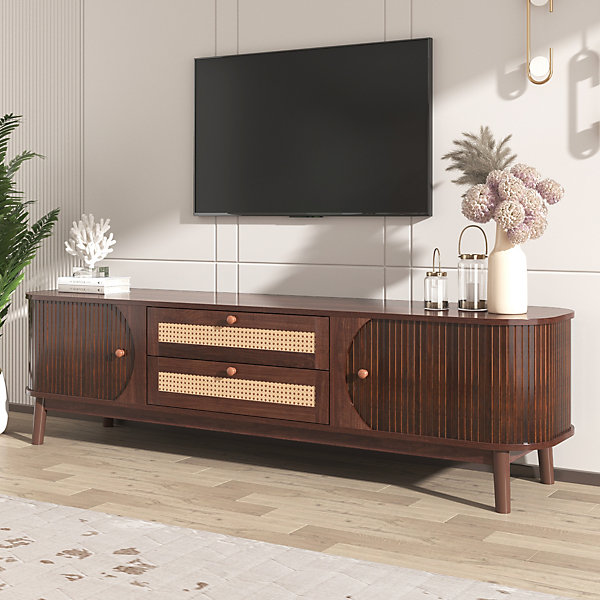 Meuble TV - Bois Naturel Avec Portes Et Tiroirs, Bordures En Rotin, Style Campagne Naturel.