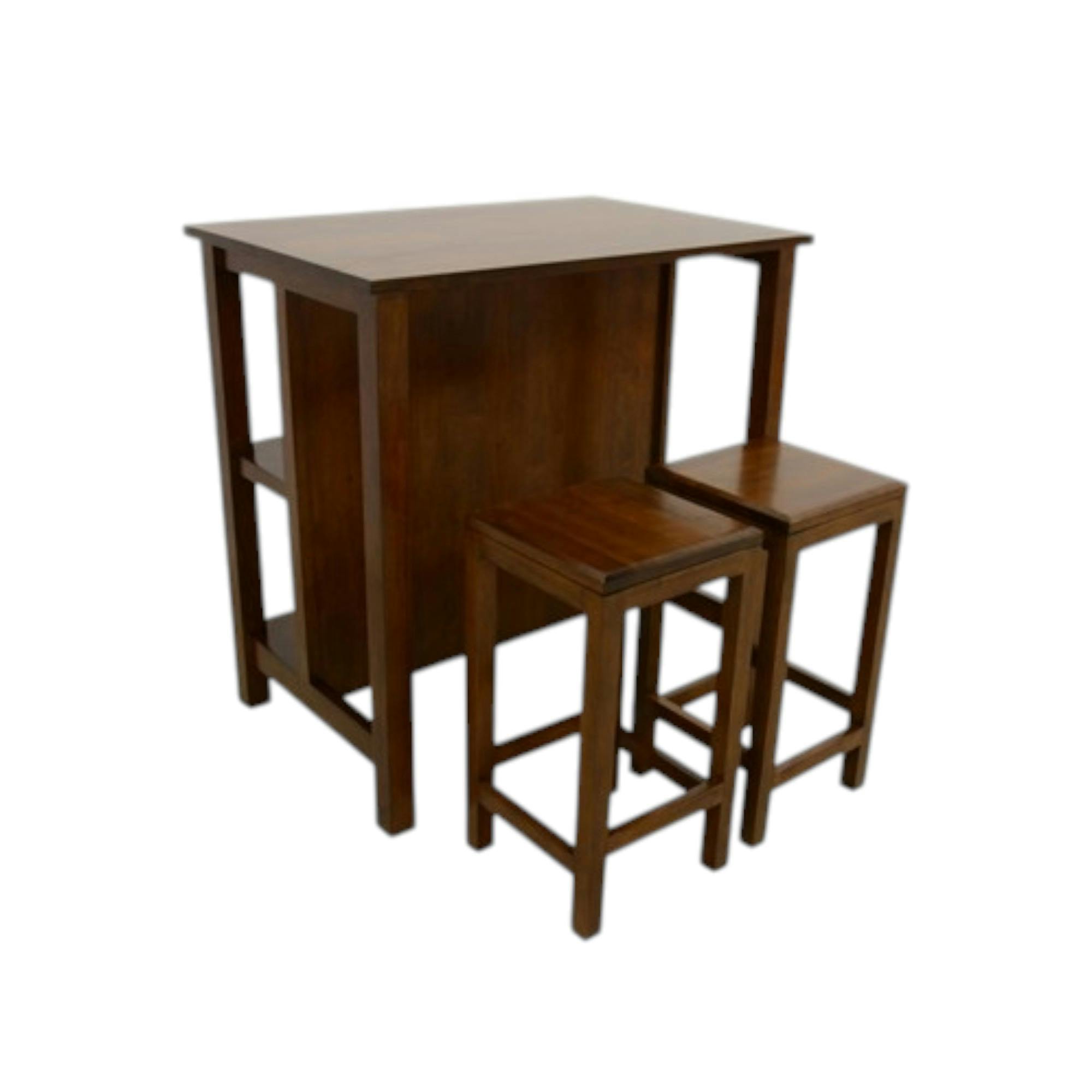 Table de Bar Hévéa 90x60x90cm avec étagères et 2 Tabourets 30x30x60cm TRADITION