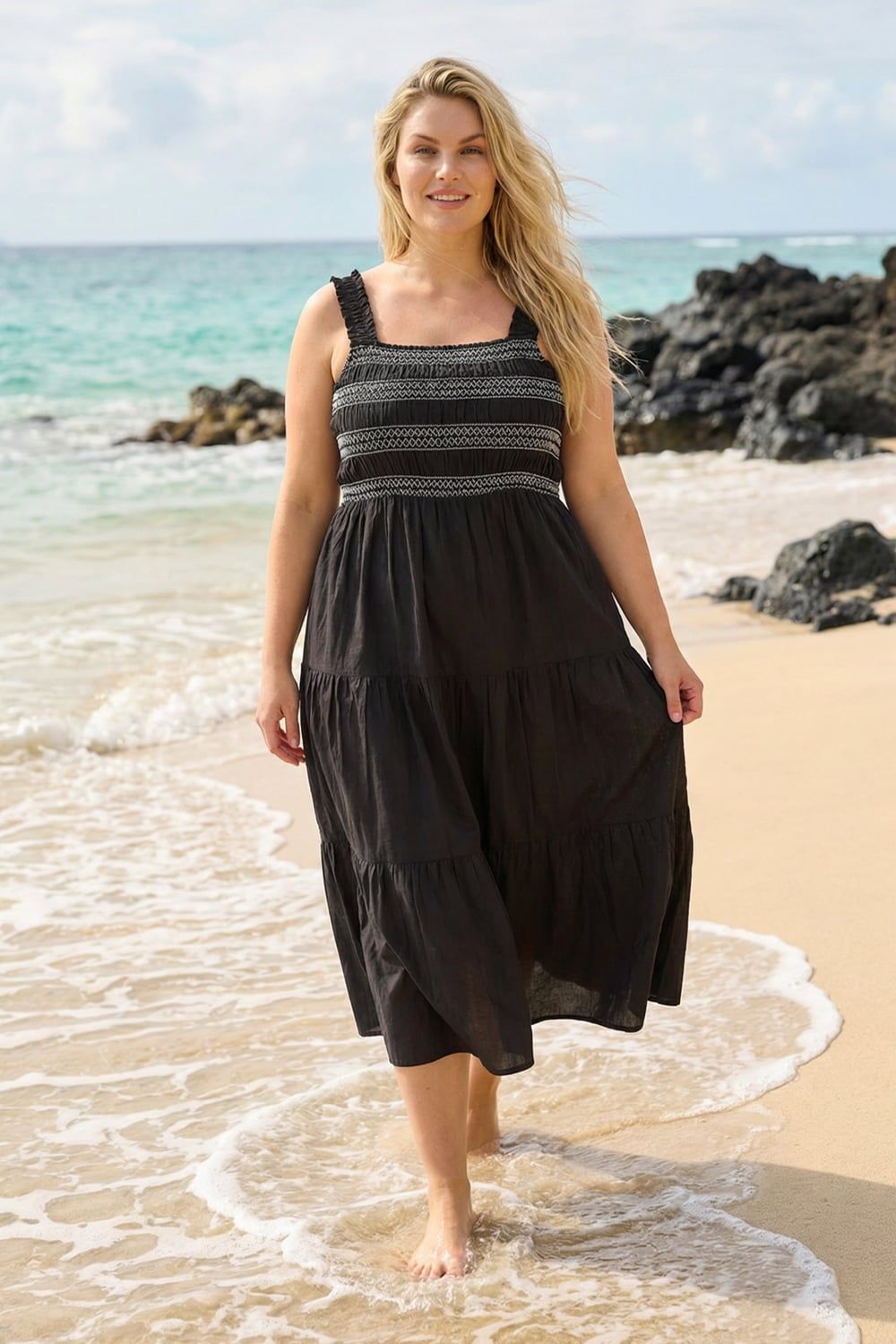 Roman Curve Strappy Shirred Midi Dress