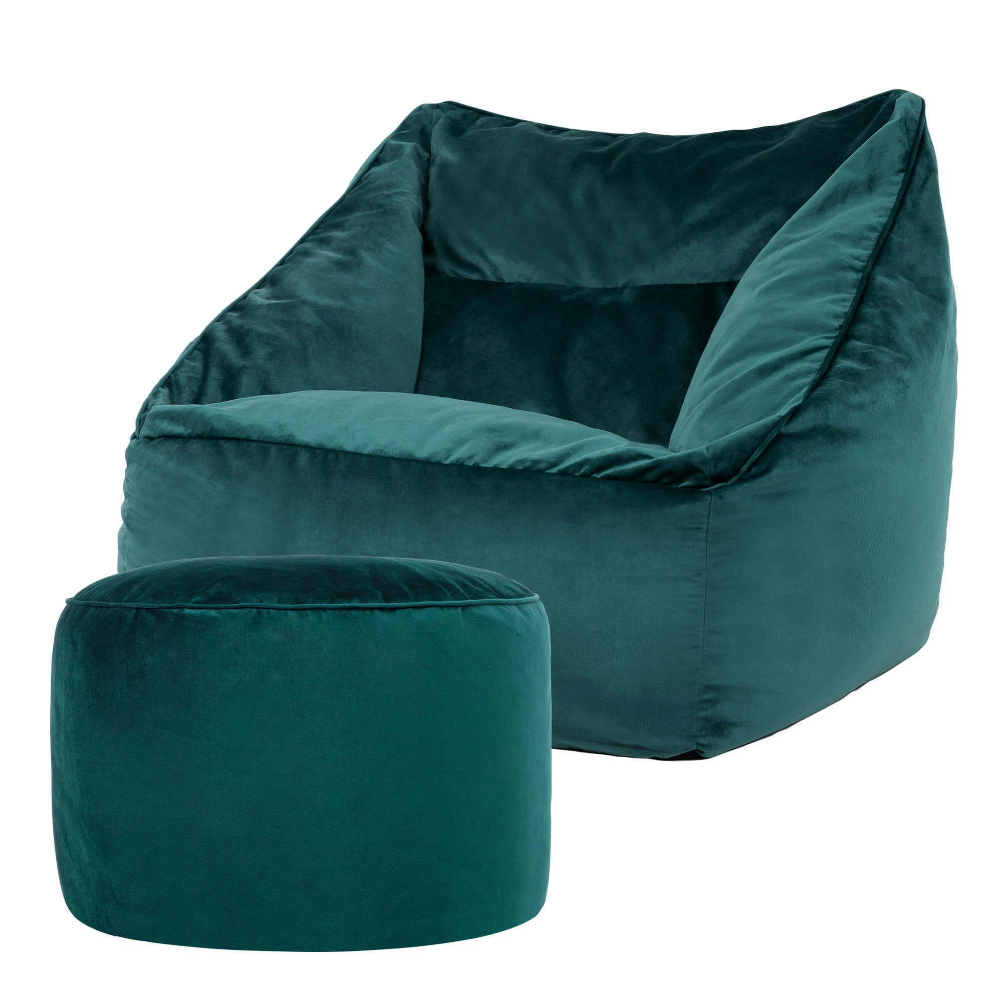 NATALIA - Pouf fauteuil avec repose-pied rond velours bleu canard