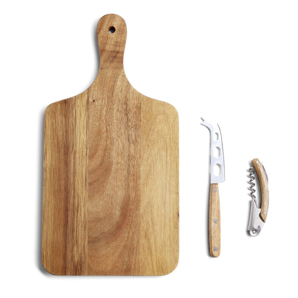Planche de présentation avec couteau et tire-bouchon acacia 37x19cm