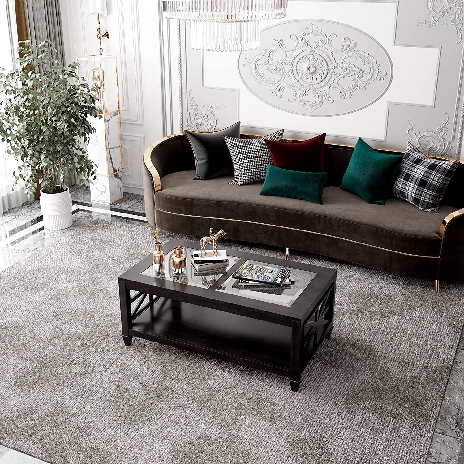 2-Tier 45.5 X 26 Solid Wood Coffee Table Tempered Glass Top