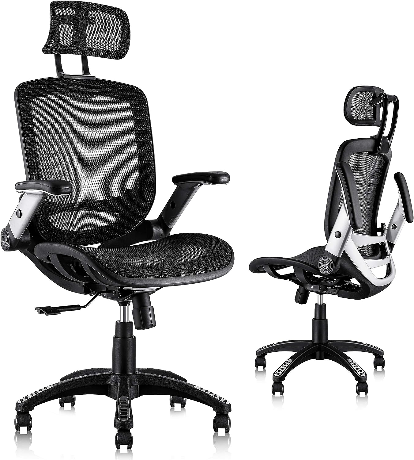 Ergonomic Mesh Office Chair, High Back Desk Chair - Adjustable Headrest with Flip Arm, Tilt Function, Lumbar Support and PU Wheels, Swivel Computer Work Chair(Black)