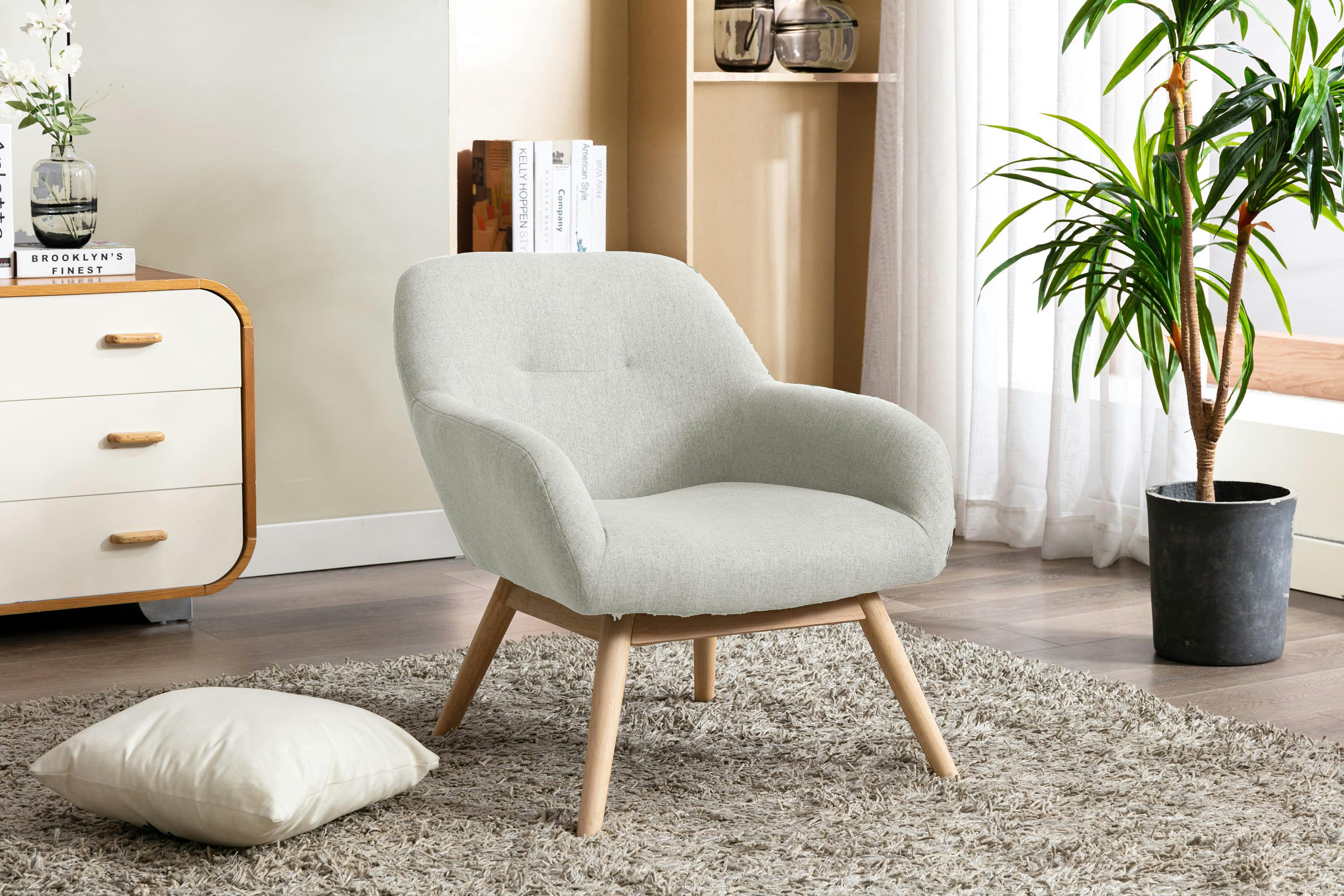 MALMO - Fauteuil lounge en tissu Coloris Lin et bois naturel