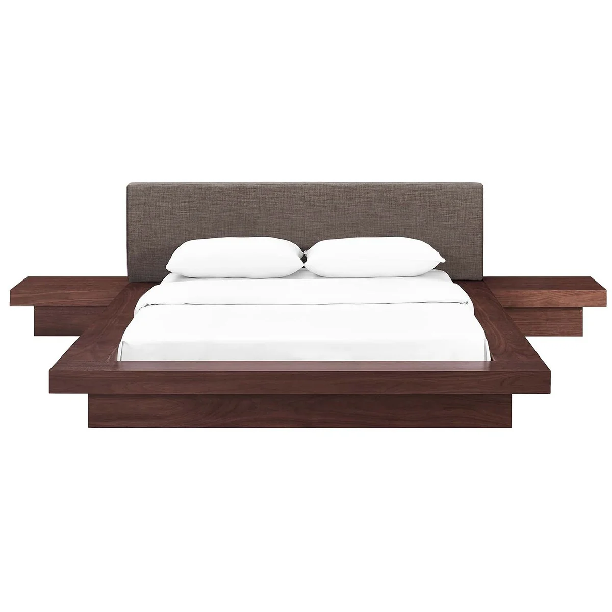 Halper Modern Queen Size Walnut Wooden Bed with Brown Fabric Upholstered Headboard and Two Nightstands