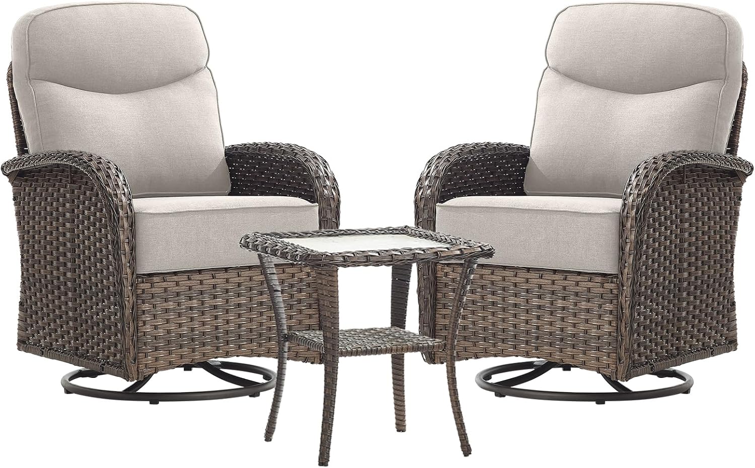 Luxury Outdoor Swivel Rocker Patio Chairs of 2 with Side End Table - 3 Piece Set with 6-Inch Smile Cushions High Back Brown Wicker Rattan Gliders Furniture for Porch Balcony Deck - Beige