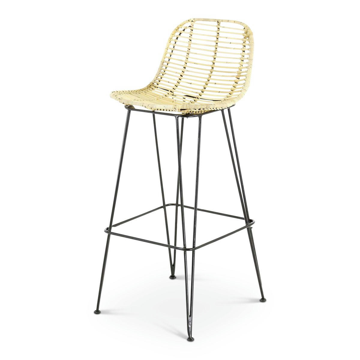 FRESH - Chaise plan de travail rotin naturel piètement métal noir h 65 cm