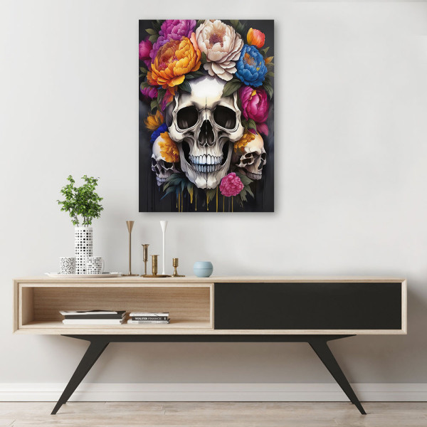 Feeby Obraz na płótnie, Czaszka Piwonie Kwiaty Kolorowe 40x60