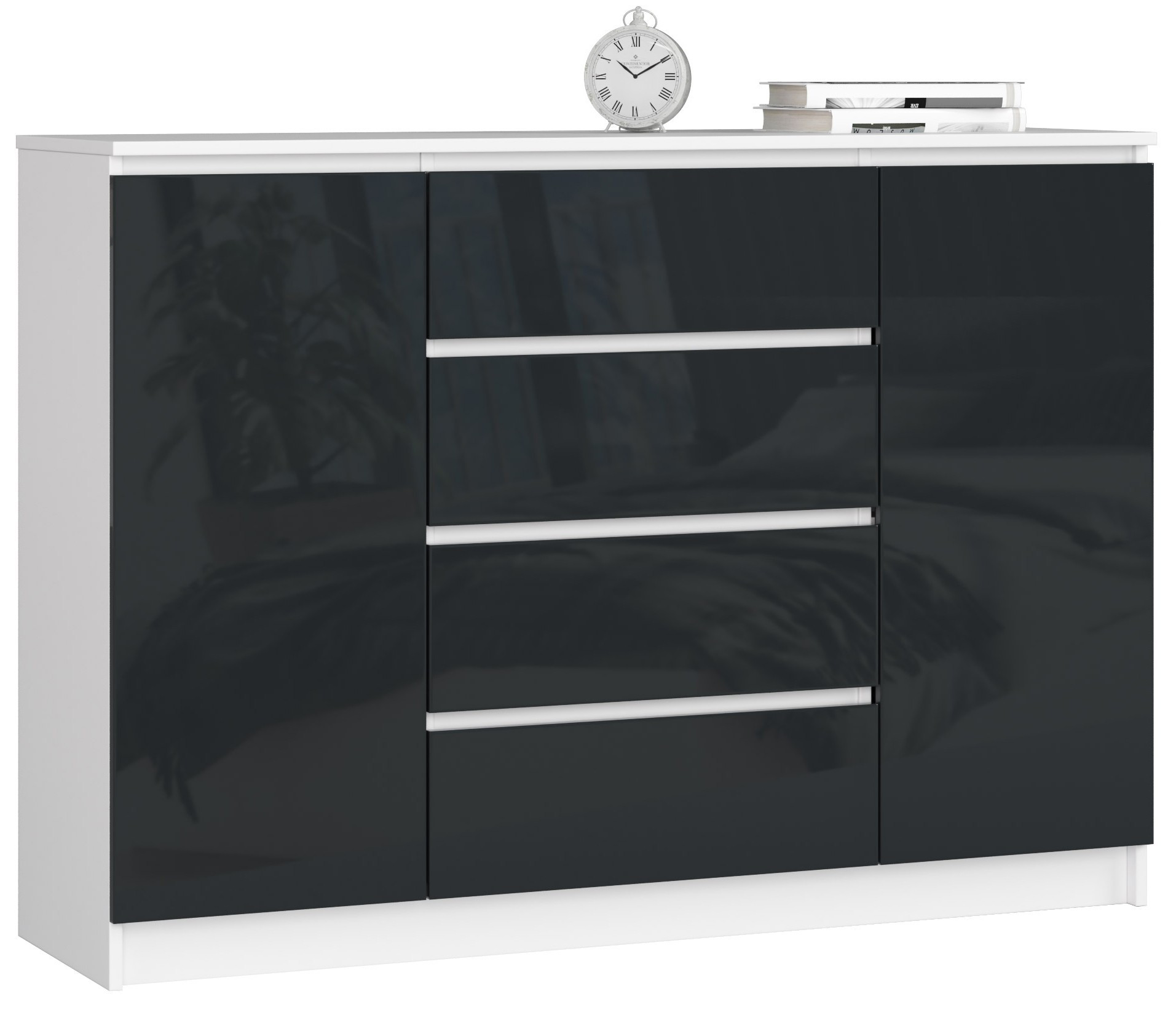 Komoda AKORD K140 Biała 138 cm Grafit Połysk 138x40x99 cm