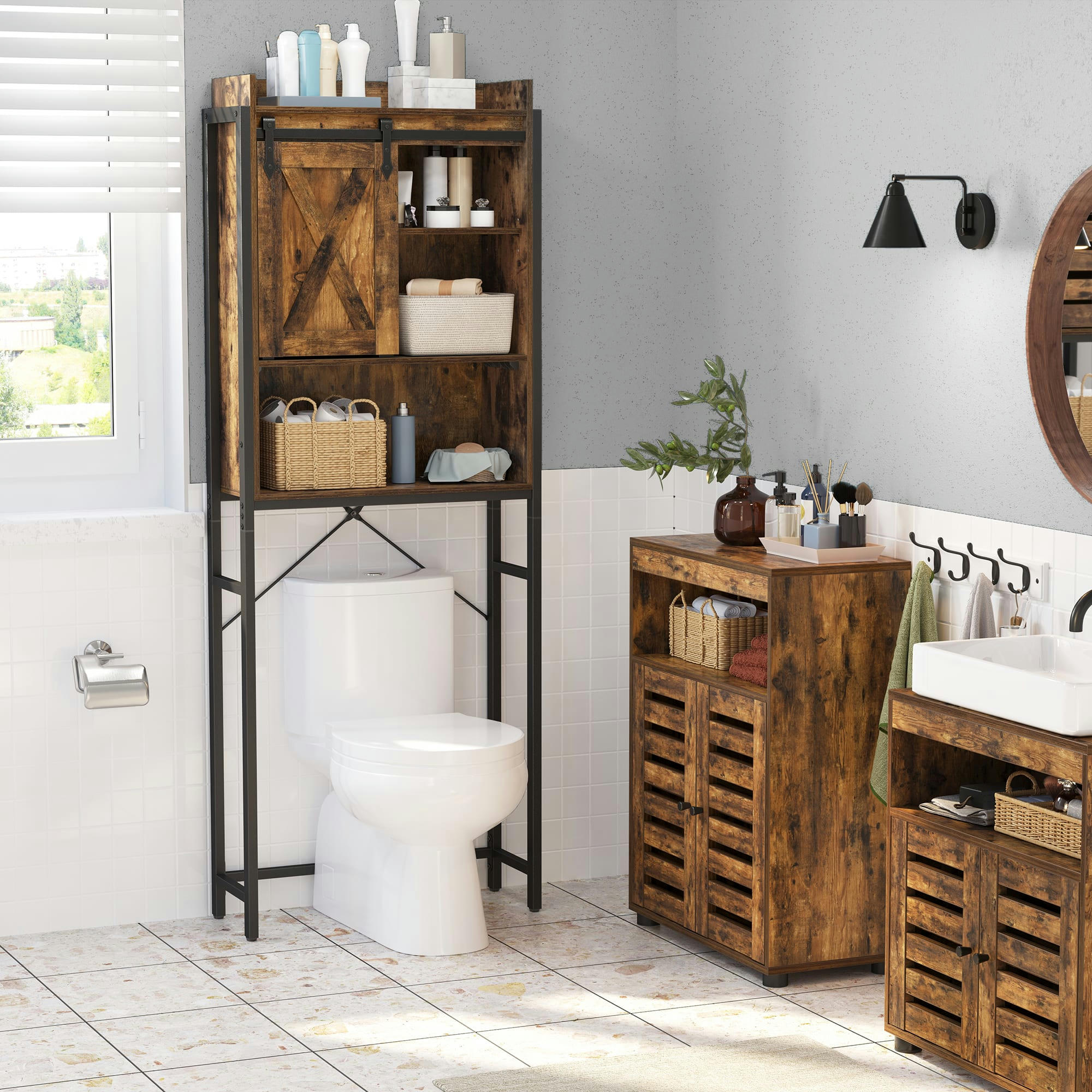 - Étagère WC style industriel effet bois marron rustique