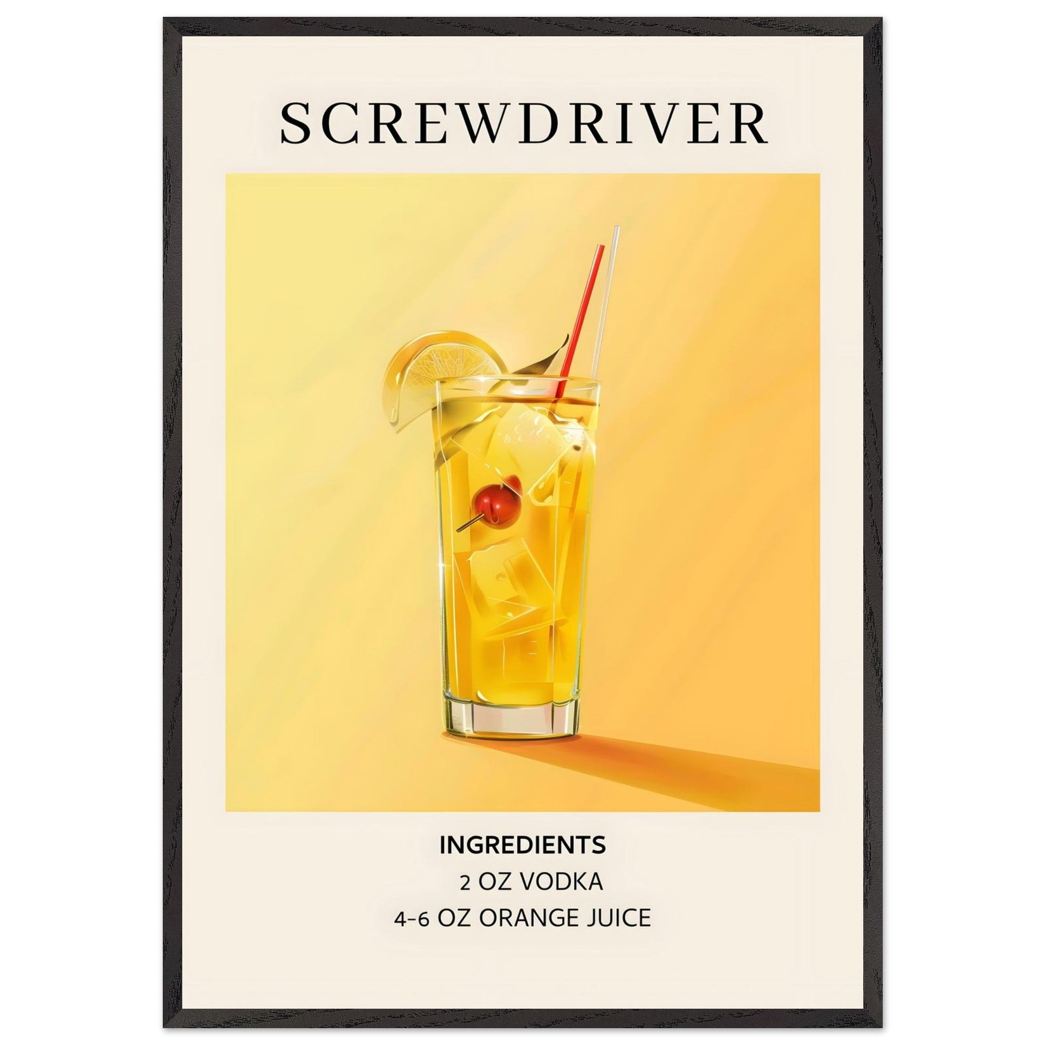 Artfulprints Poster met Lijst Screwdriver cocktail - Ingrediënten  - 70x100 cm - Geel