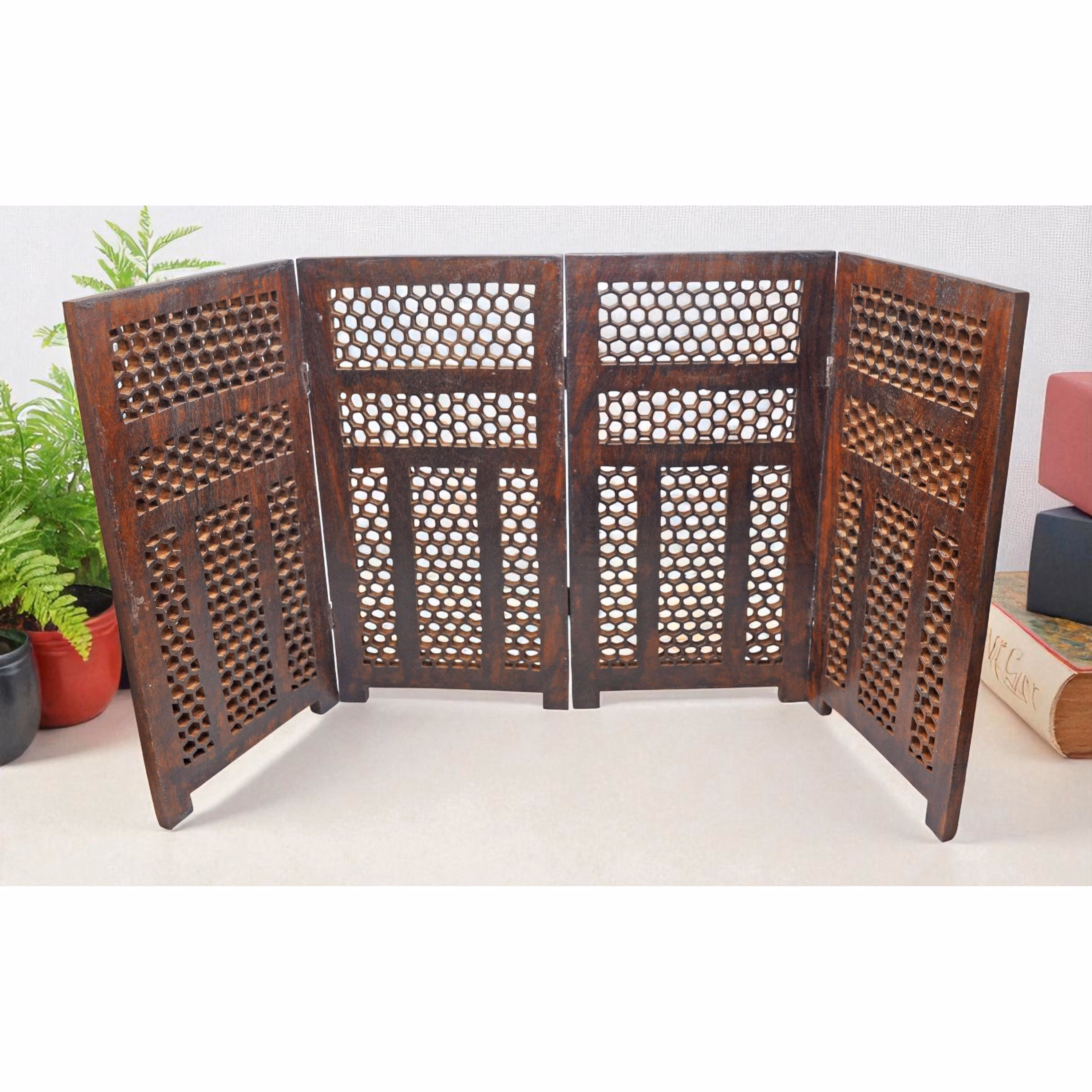 Vintage Wooden Short Desk Screen Original Old Fine Hand Carved Jali Design