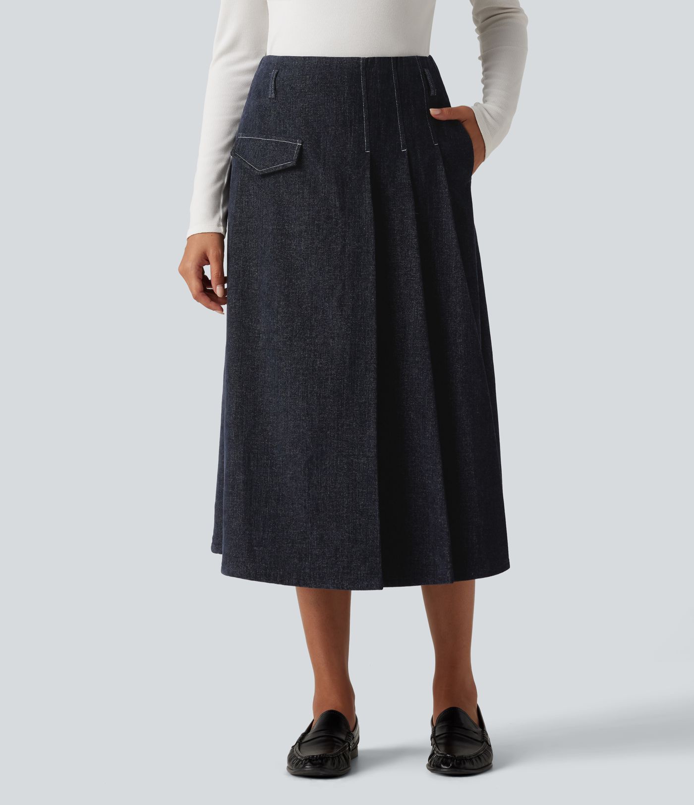 Jupe midi de bureau taille haute coupe trapèze avec poches