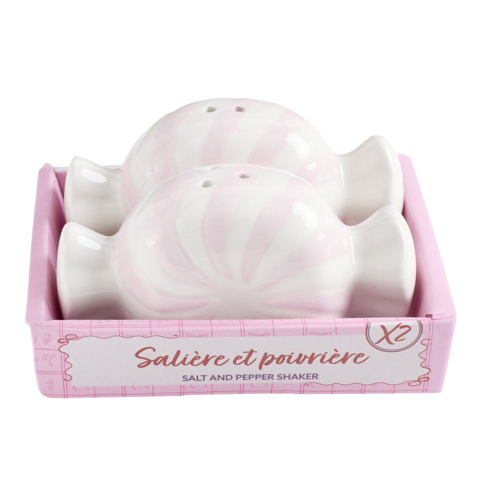 Salière et poivrière forme bonbon dolomite rose et blanc 10,5x5,5xH8cm
