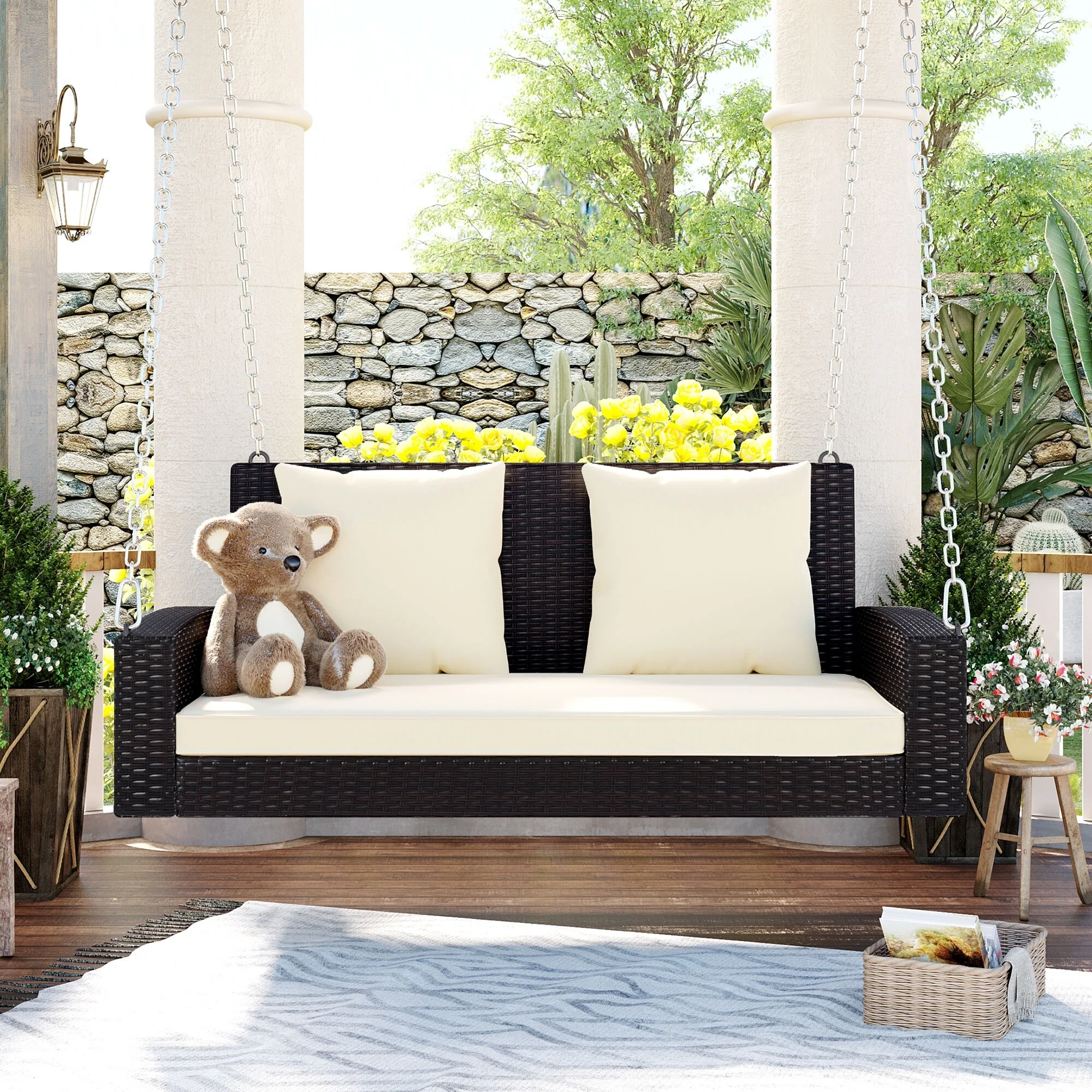 Double Swing Chairs with Cushion Hanging Swing Bench Lounge Rocking Chair Wicker Hanging Basket Chairs for Outdoor Patio