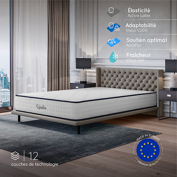 Matelas 140x190 - épais 30 cm - Mousse mémoire de forme - Blue Latex - Confort Ferme - 7 zones - Réversible - Durable - Upsilon