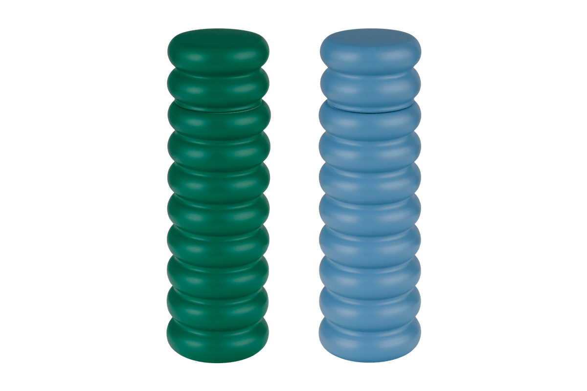 noo.ma Suli Grinder set van 2 kruidenmolens - gelakt beukenhout, keramisch maalmechanisme, blauw & groen
