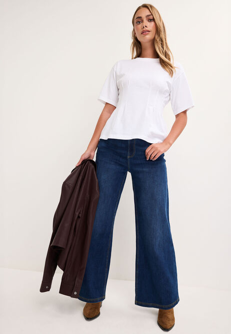 Womens White Pintuck Waist Cotton T-Shirt