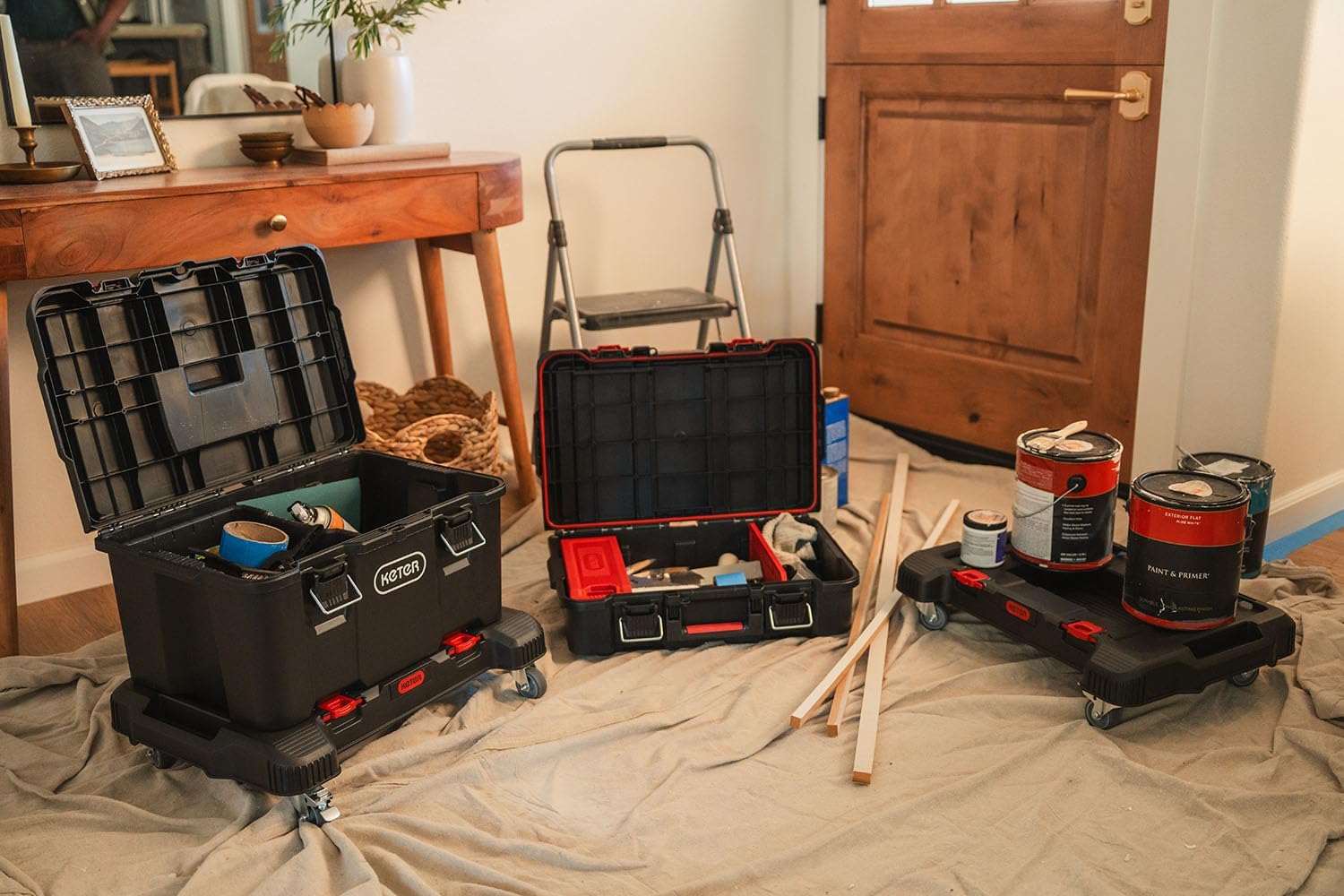 Keter Stack-n-Roll 3-Piece Rolling Tool Storage System – Includes Dolly, Tool Box & Deep Power Tool Case | Modular Mobile Tool Organizer | Stackable Design for Garage, Jobsite & Workshop
