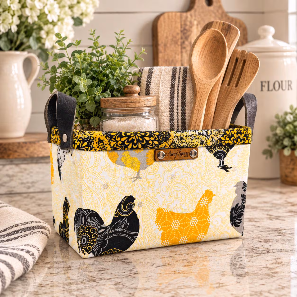Golden Hen Fabric Storage Basket, Chicken Kitchen Decor, Farmhouse Organizer, Handmade Fabric Bin, Countertop Storage Basket