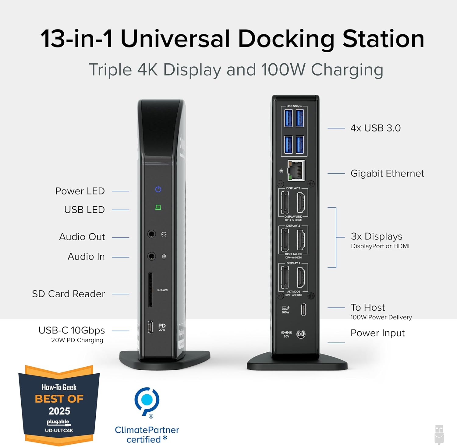 Plugable 13-in-1 USB C Docking Station 4K Triple Monitor with 100W Power Delivery | USB C Dock for Windows  Mac  ChromeOS  Thunderbolt | Driver Required | 3X HDMI and 3X DisplayPort (UD-ULTC4K)