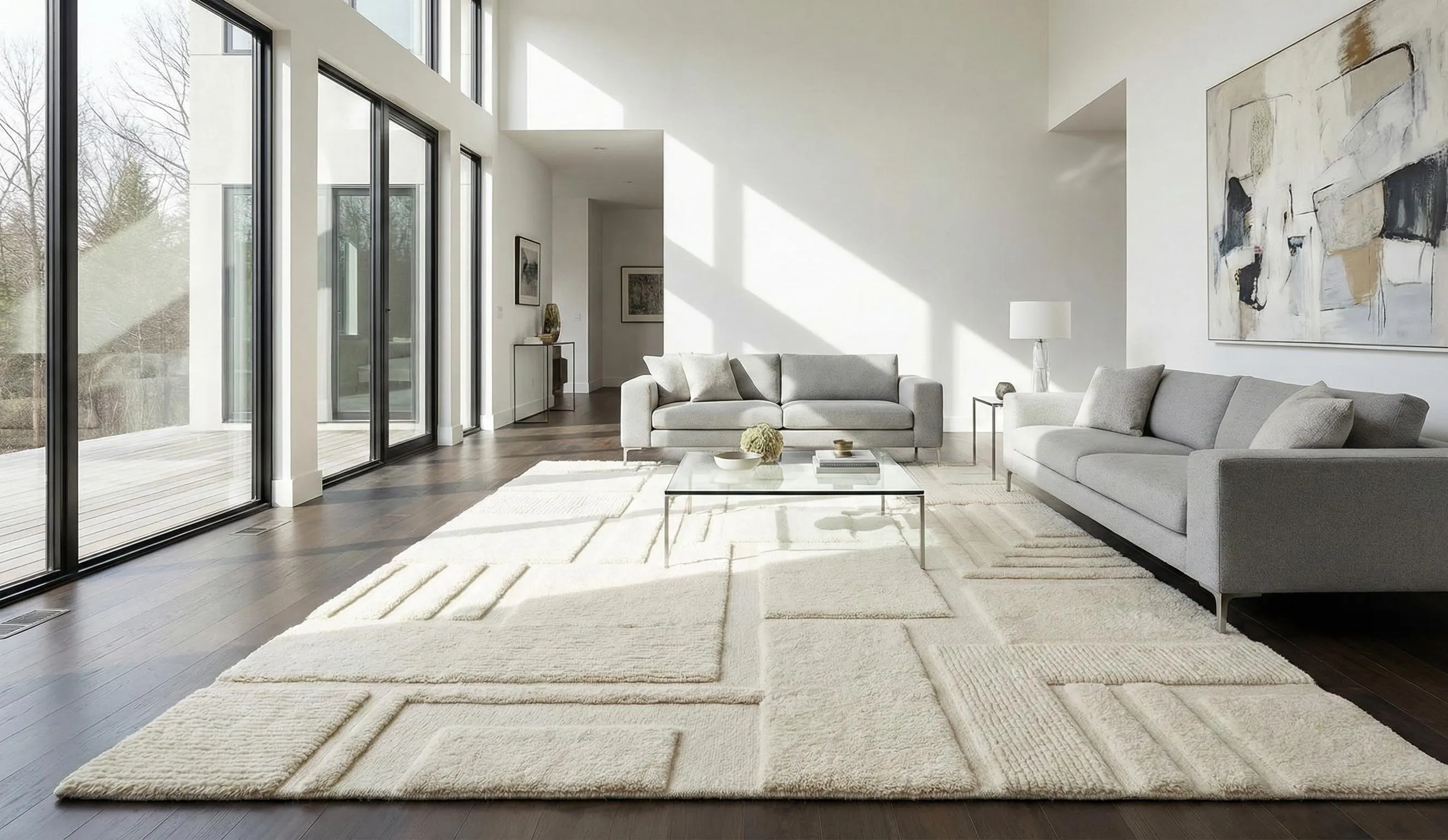 Handmade White Wool High Pile Shag Rug, Soft Modern Plush Carpet for Living Room