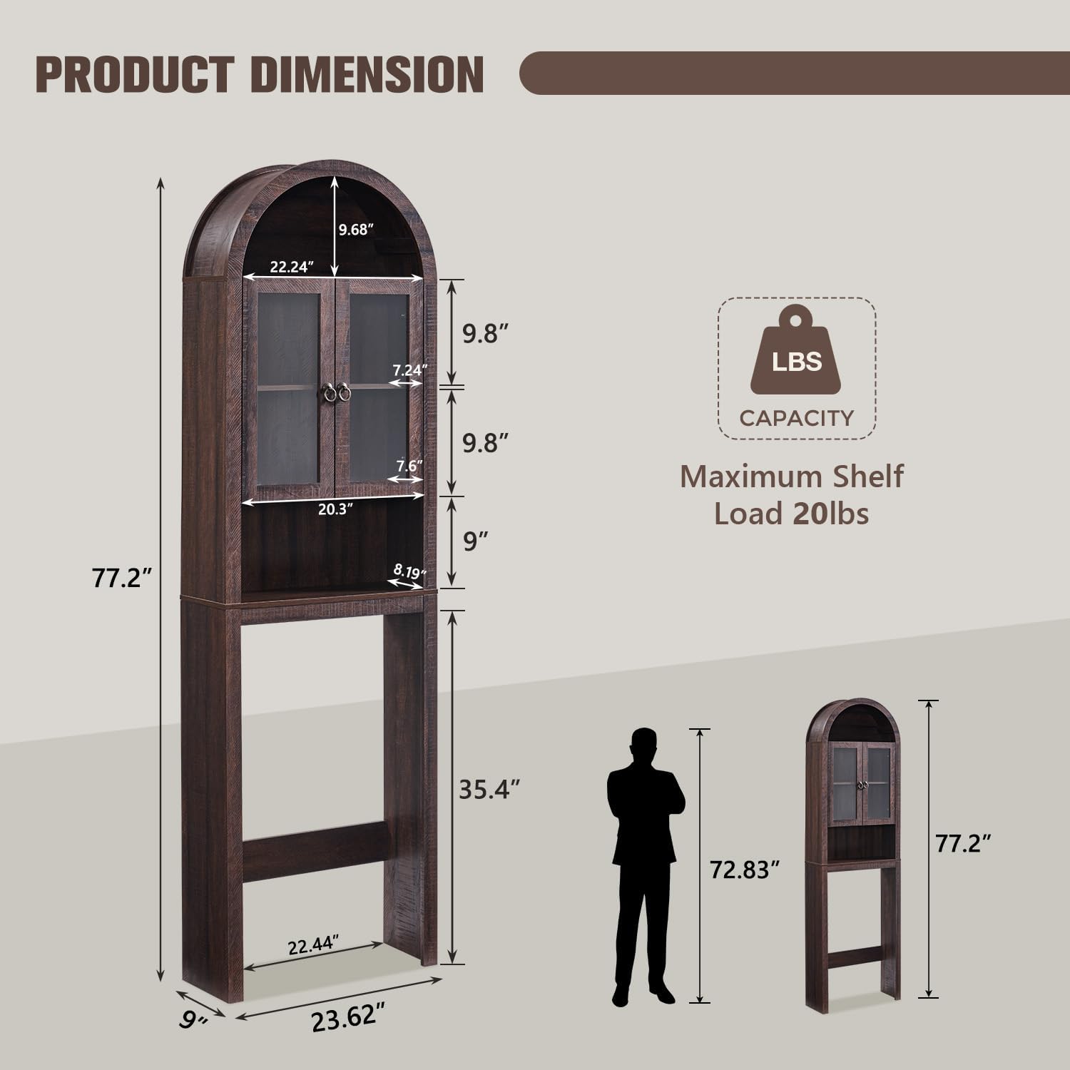 IFGET Arched Over The Toilet Storage Cabinet with Acrylic Doors, Modern Over Toilet Bathroom Organizer Shelf, Small Wooden Bathroom Storage Cabinet with Adjustable Shelf, Space Saver, Dark Walnut
