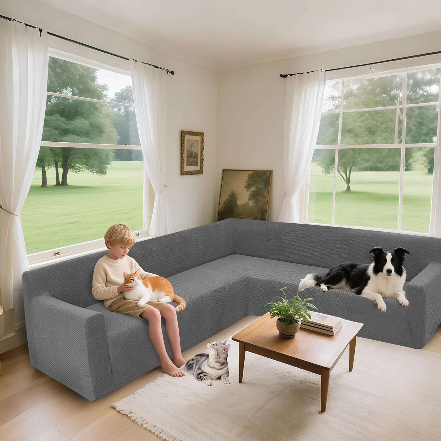 Arfntevss Stretch Sectional Couch Covers L Shaped Corner Sectional Sofa Cover Washable Jacquard Soft Fleece U Shape Sofa Slipcovers Anti Slip Furniture Protector for Dogs Pets (X-Large, Gray)