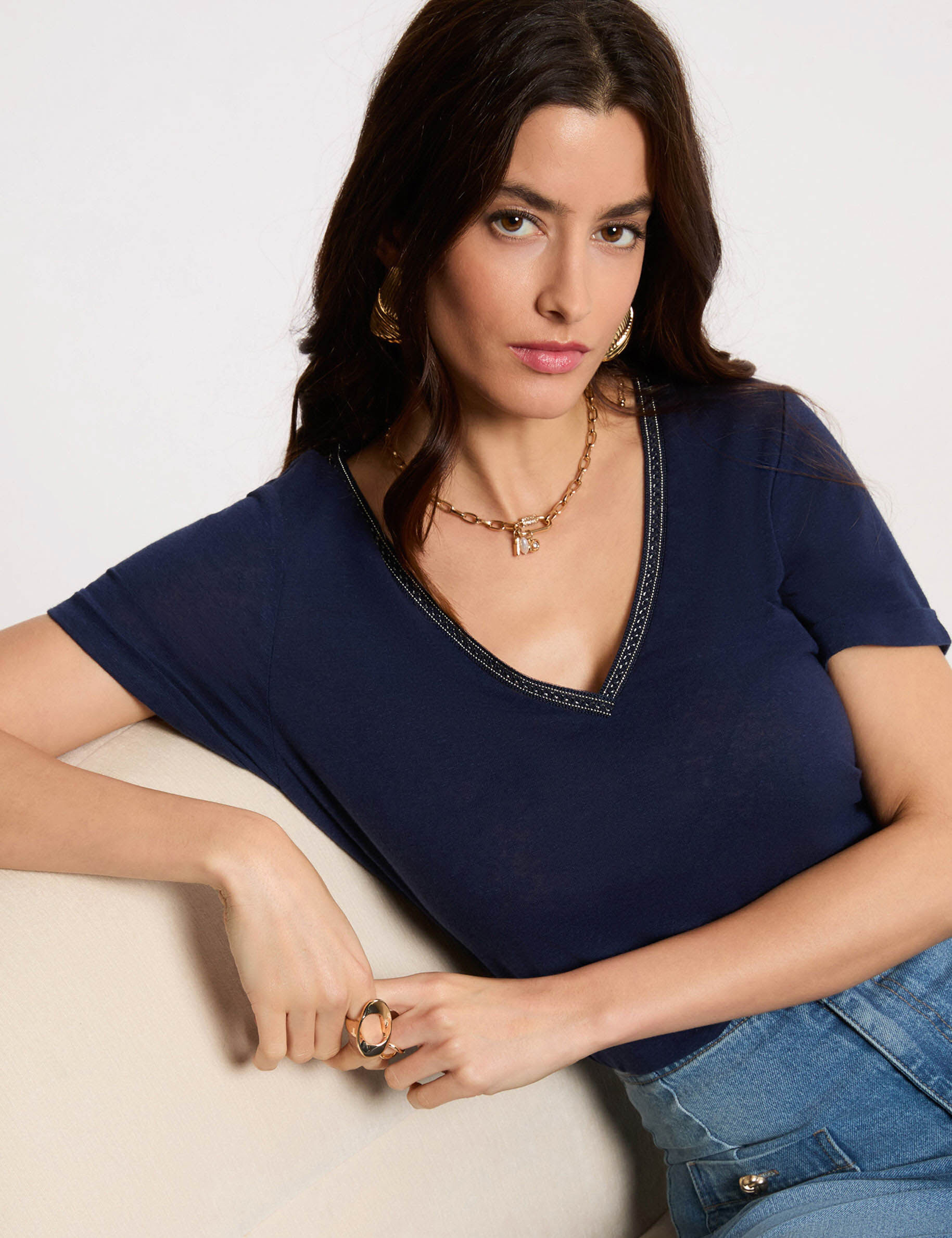 Pearl-Embellished V-Neck T-Shirt Navy Blue Women