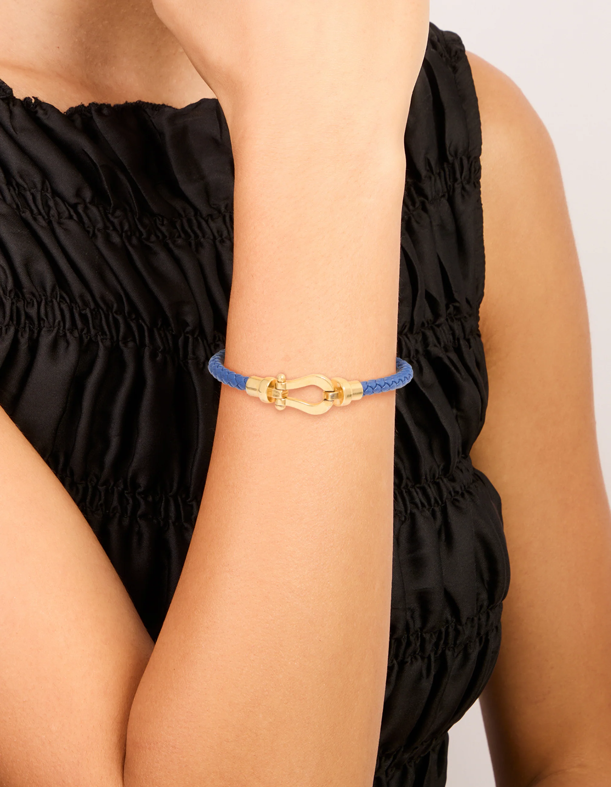 Waterproof Gold Plated Stainless Steel Blue PU Leather Braided Chunky Link Bracelet